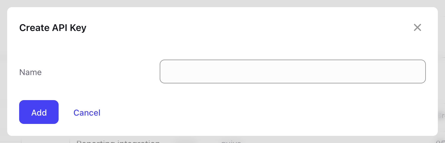 The Create API Key dialog with a single Name field and Add and Cancel buttons