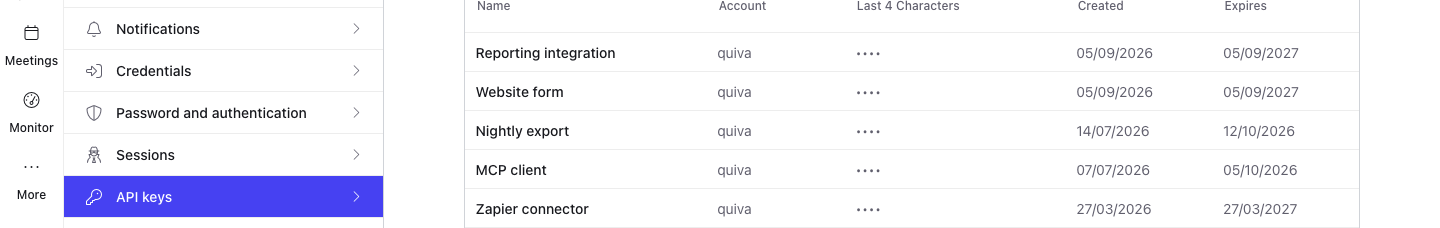 The Settings sidebar with API keys selected, and a table of existing keys showing Name, Account, Last 4 Characters, Created and Expires columns