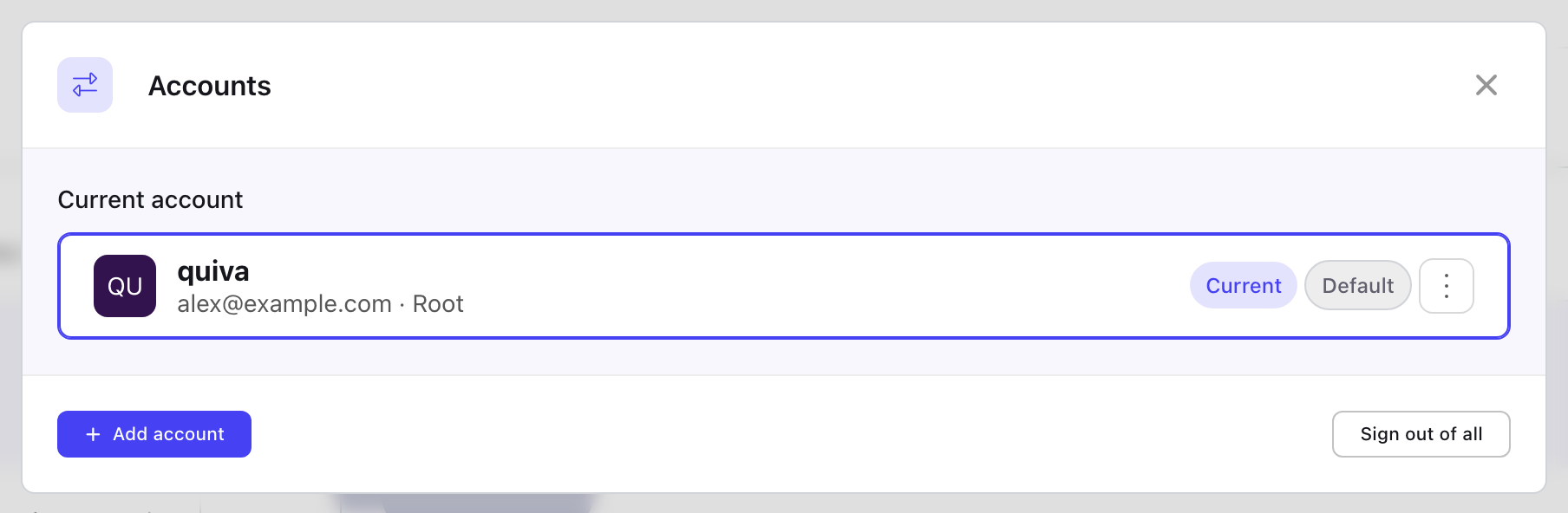 The Accounts modal showing the current account marked Current and Default, with Add account and Sign out of all buttons