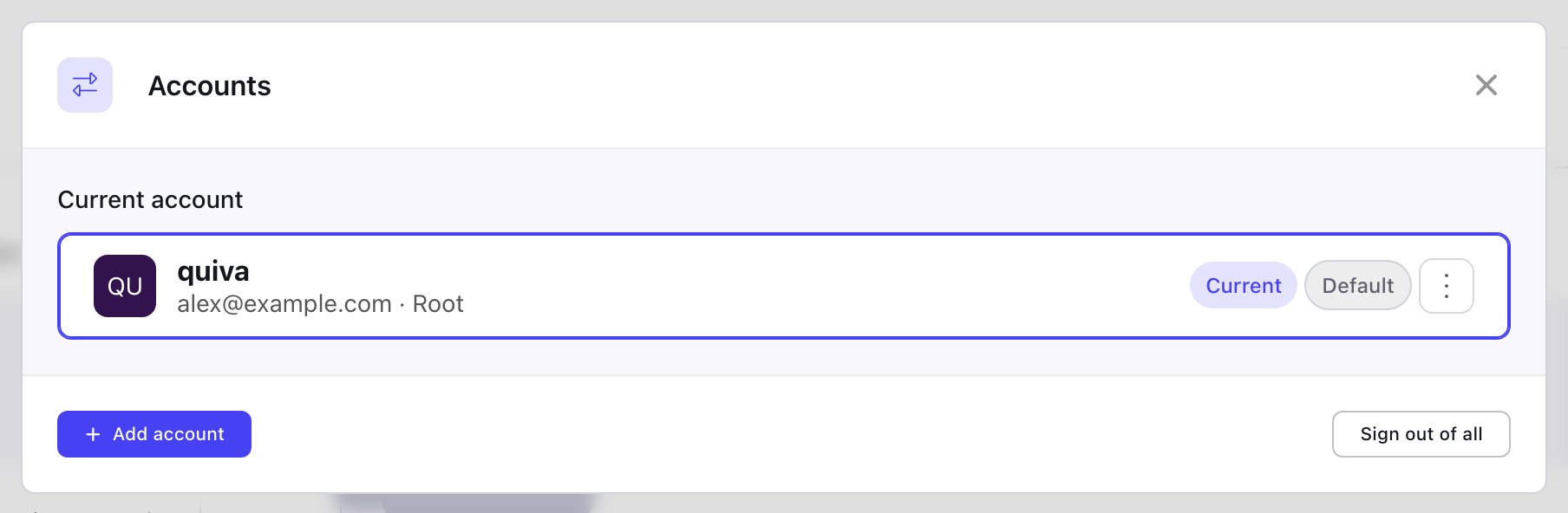 The Accounts modal showing the current account marked Current and Default, with Add account and Sign out of all buttons