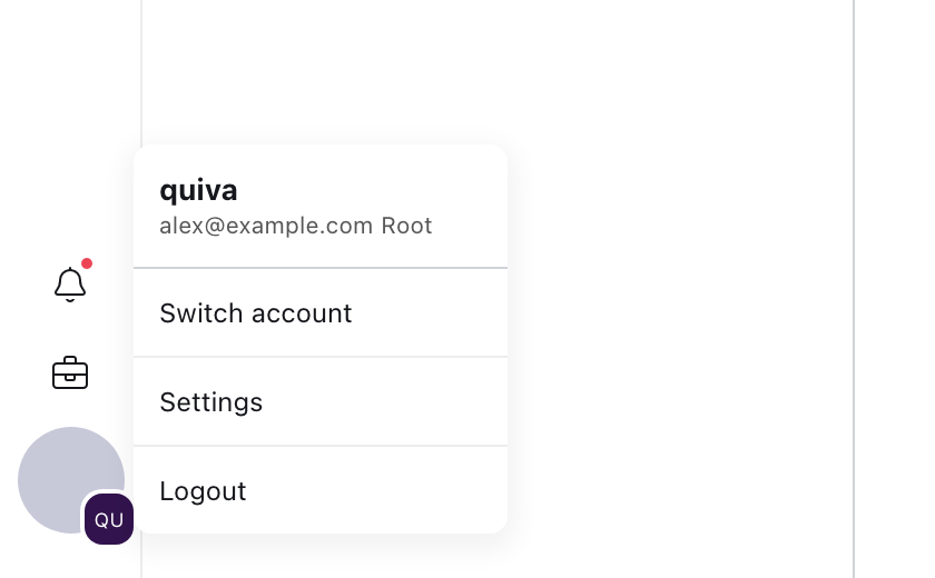 The profile menu open from the avatar, showing the account name, an email address and role, and Switch account, Settings and Logout