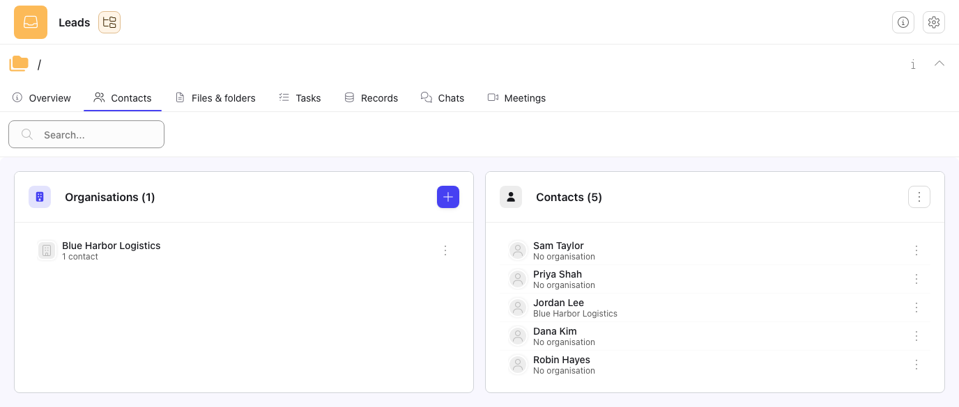 A Space Contacts panel with an Organisations card listing one organisation and a Contacts card listing five contacts, each with its organisation or No organisation