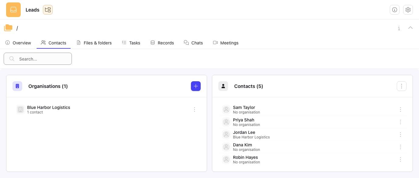 A Space Contacts panel with an Organisations card listing one organisation and a Contacts card listing five contacts, each with its organisation or No organisation