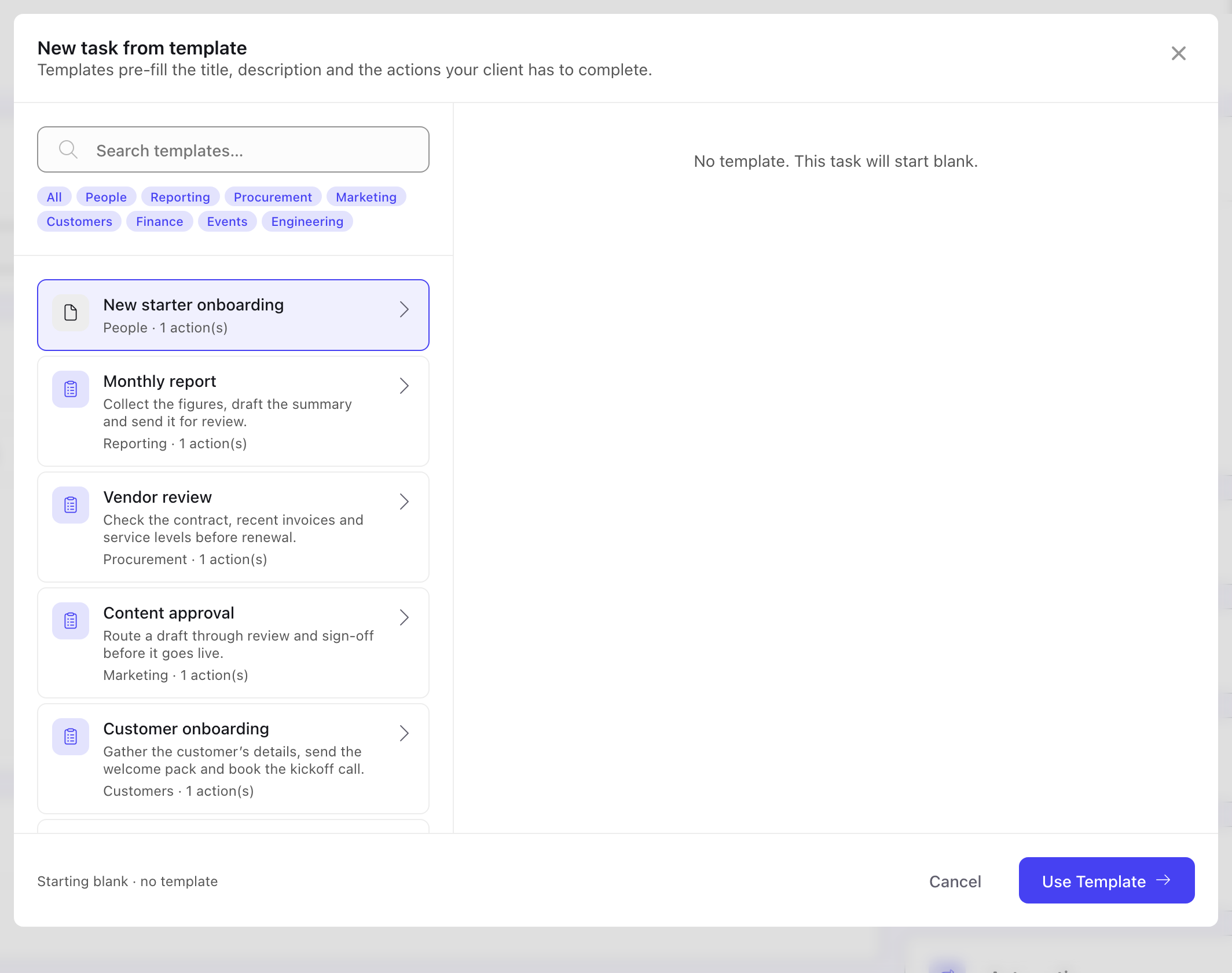 The New task from template dialog with a search box, category filters and a list of templates, each showing its category and number of actions
