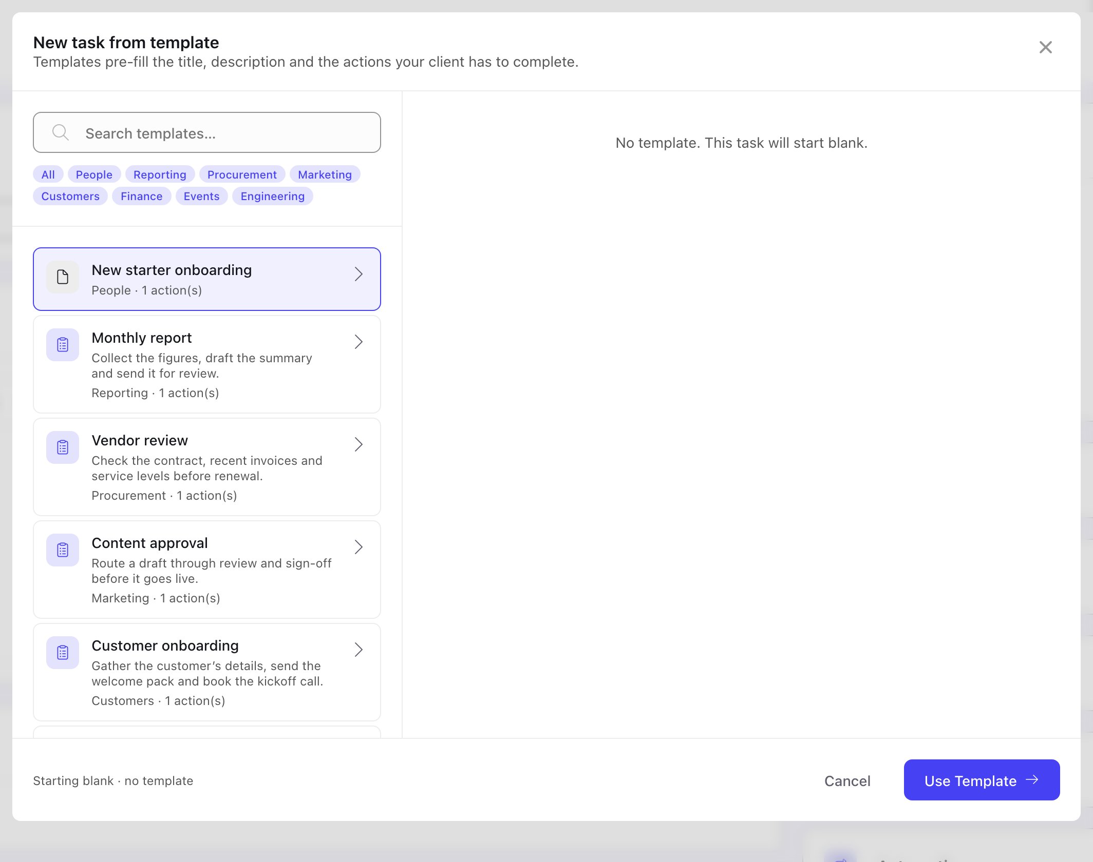 The New task from template dialog with a search box, category filters and a list of templates, each showing its category and number of actions