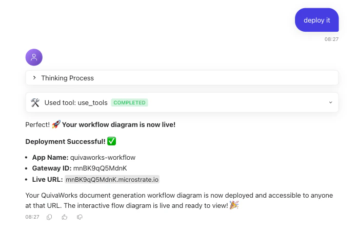 A chat message showing the response from an assistant once an app has been deployed