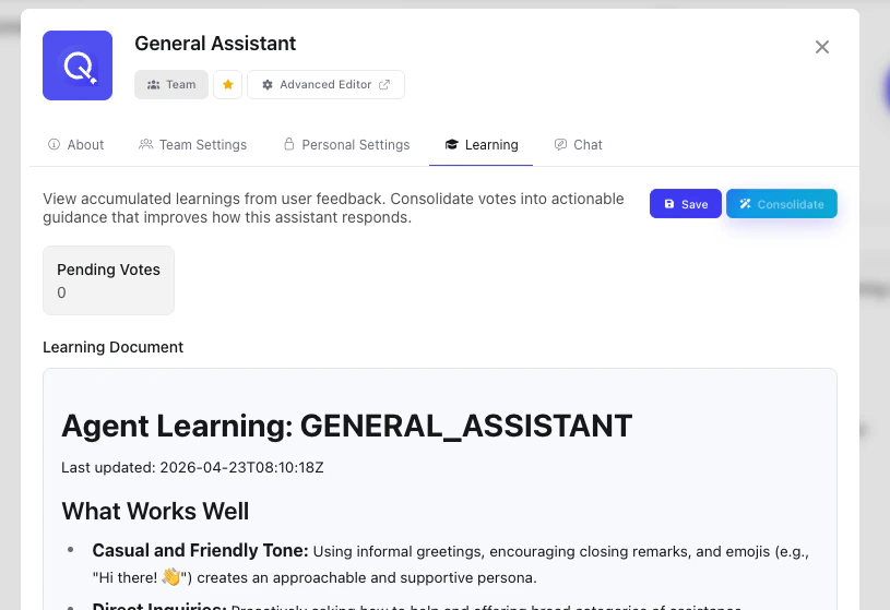 Assistant Learning tab showing consolidated feedback insights and user ratings summary