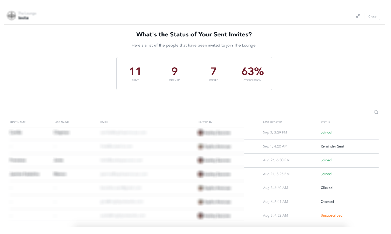 Sent Invites Tab with Statuses
