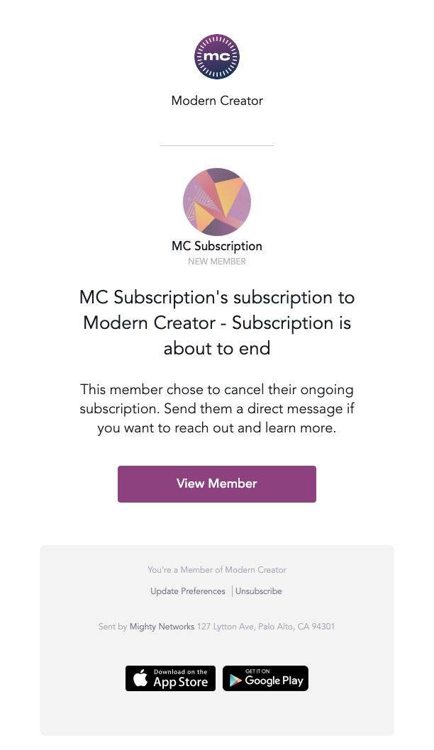 Subscription cancellation notification