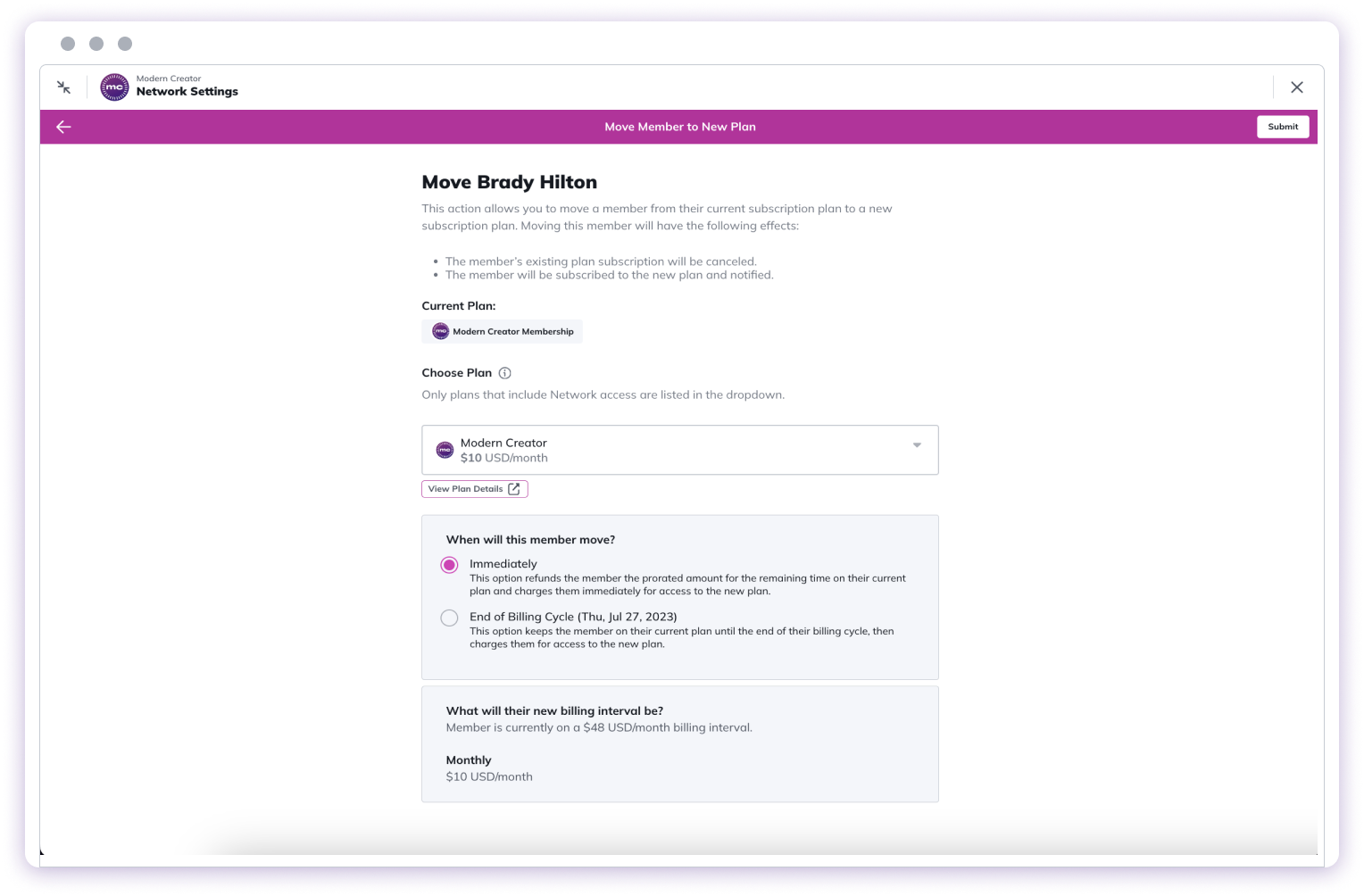 Plan Switch Confirmation Screen