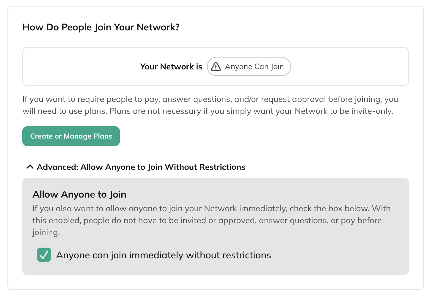Network Privacy & Access settings for Anyone Can Join