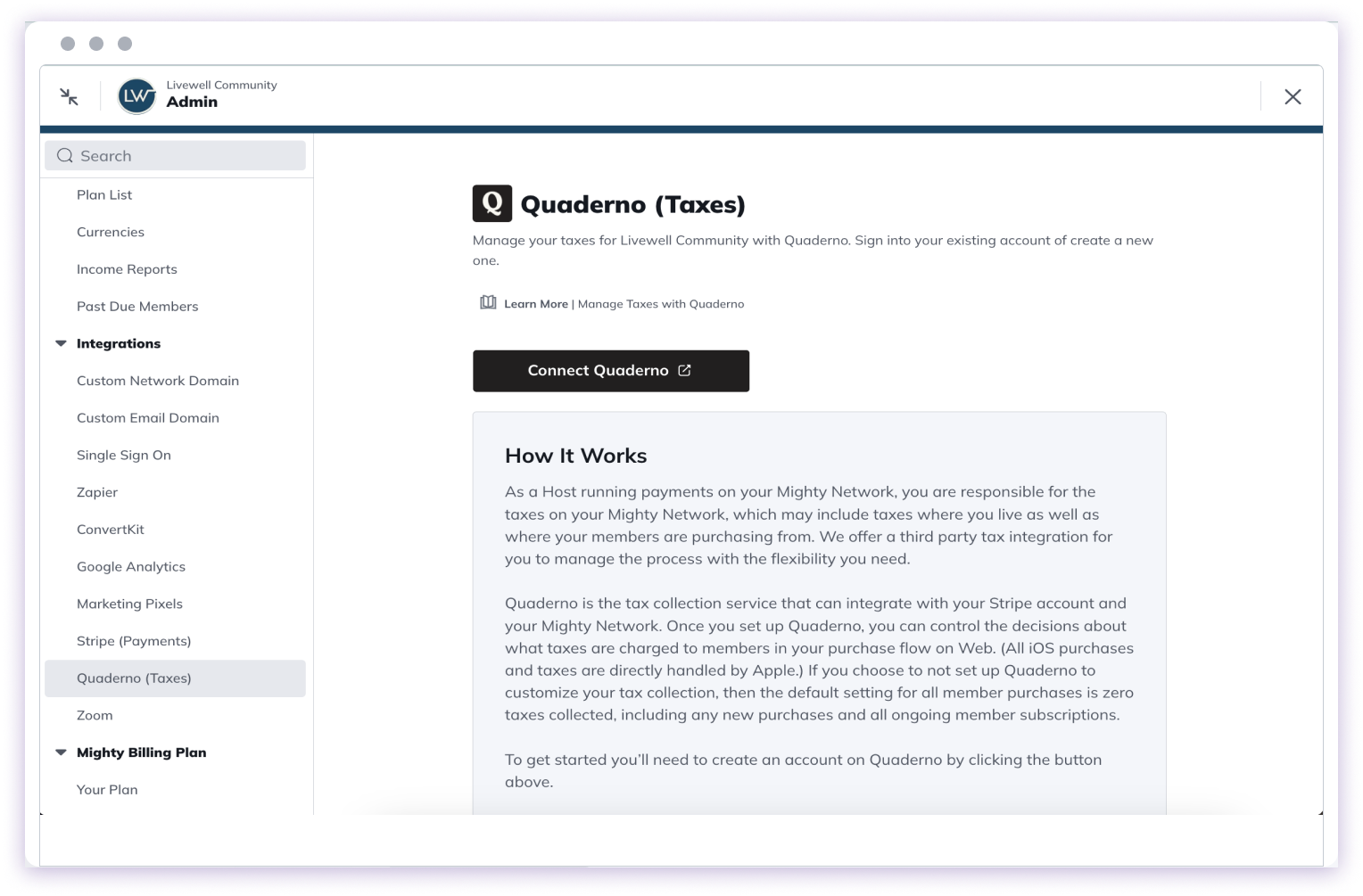 Quaderno integration settings in Mighty Networks admin