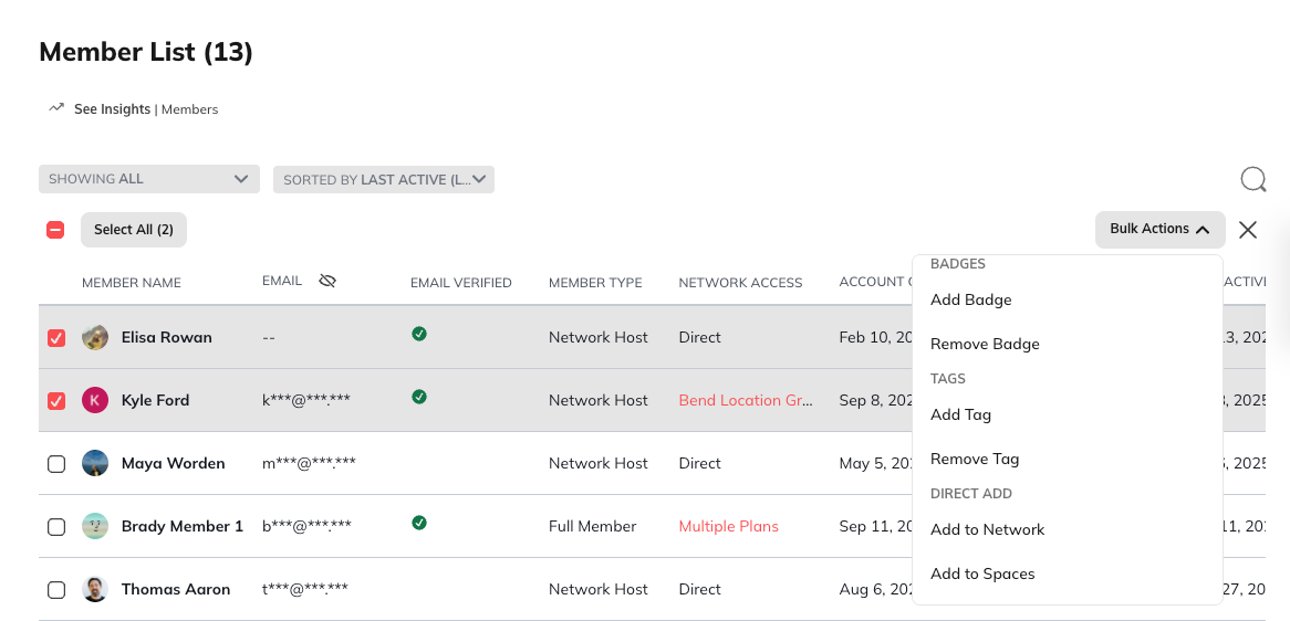 Select Add to Network or Add to Spaces from member menu