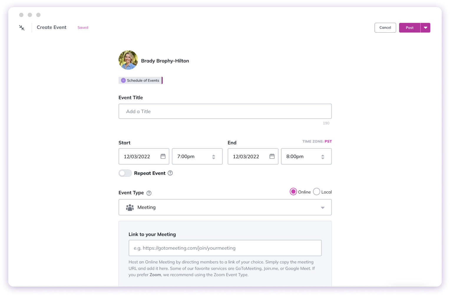 Adding external event platform link