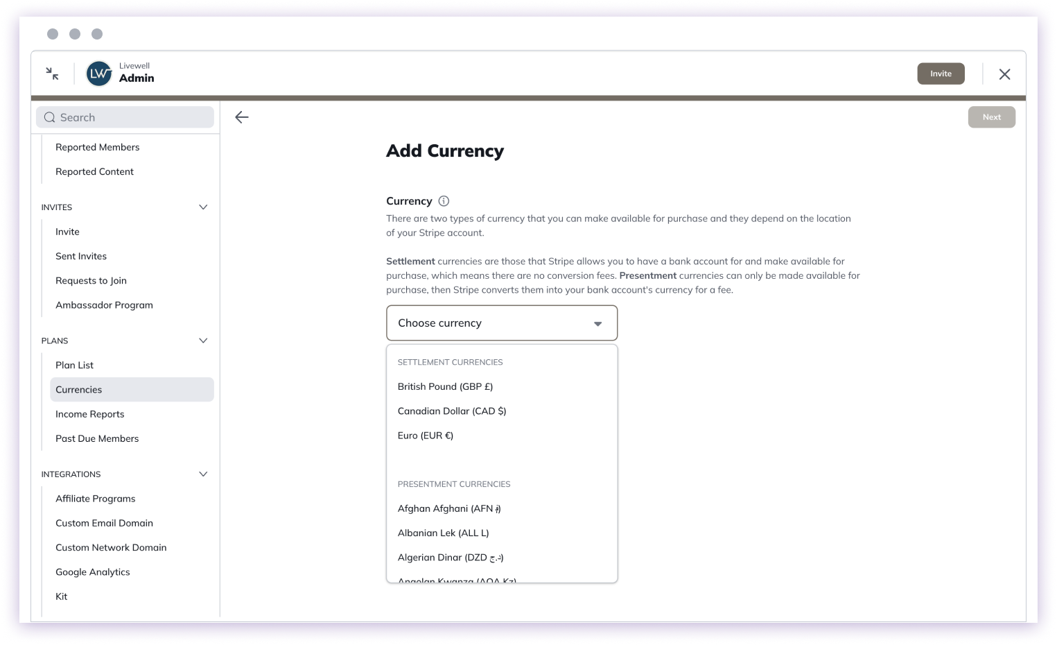 Currency Dropdown Menu