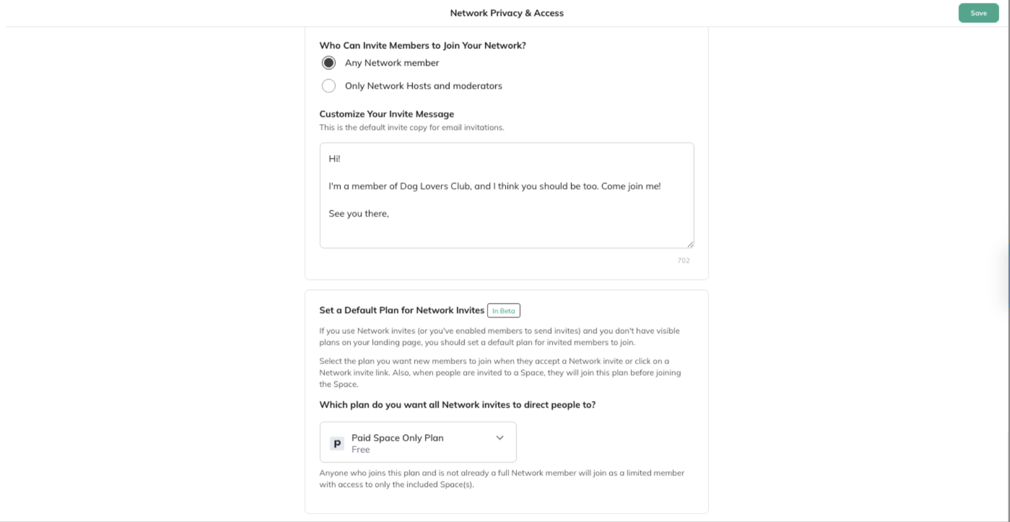 Set default plan for network invites in Privacy & Access settings
