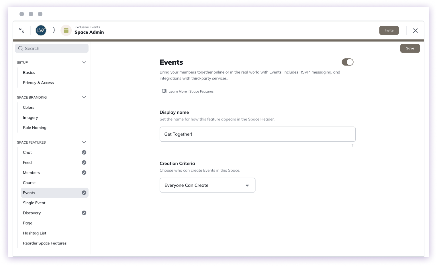 Enable Events feature in Space settings