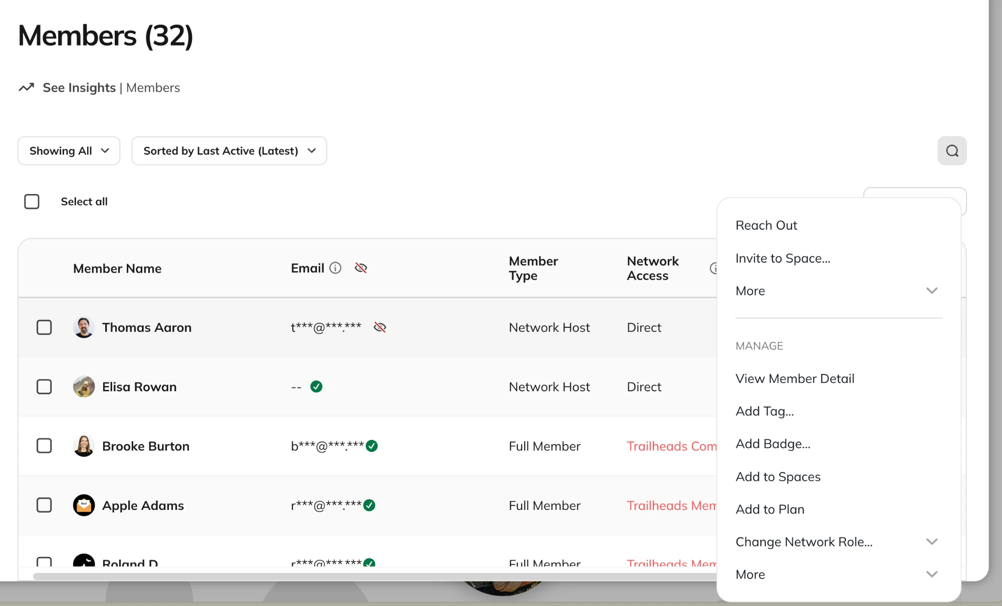 The three-dot menu for a member in the Member List, showing Add to Spaces and Add to Plan under Manage