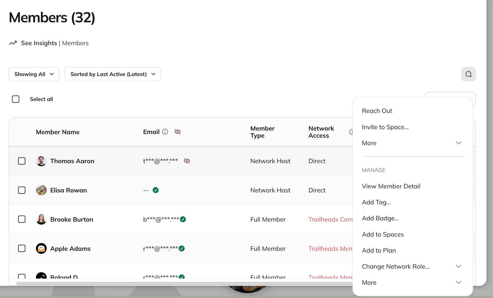 The three-dot menu for a member in the Member List, showing Add to Spaces and Add to Plan under Manage