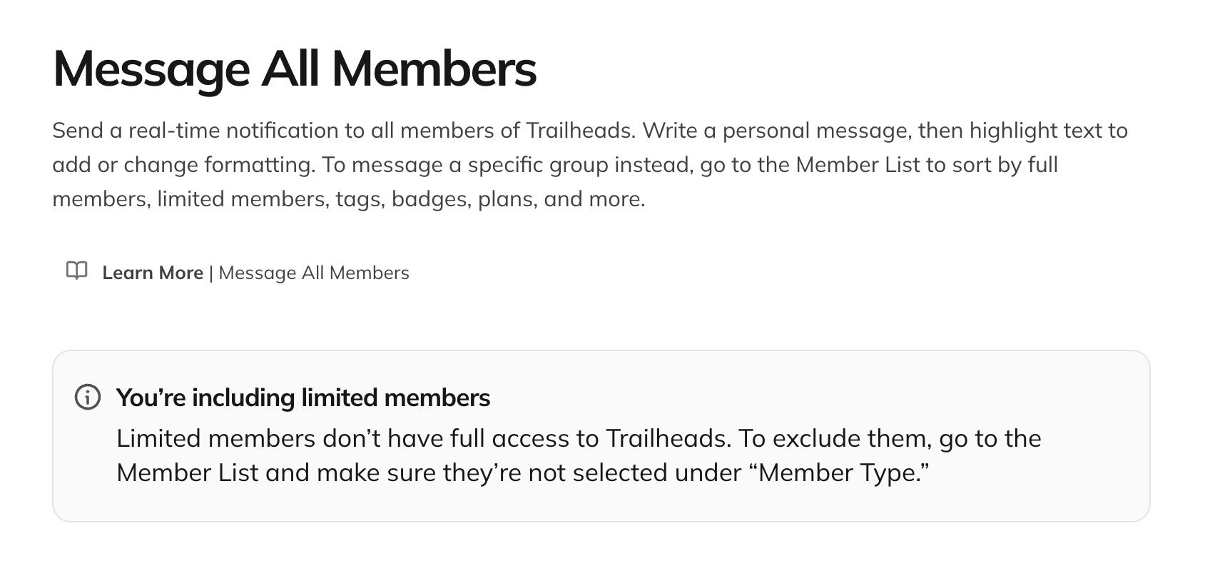 The Message All Members screen, showing the "You're including limited members" notice