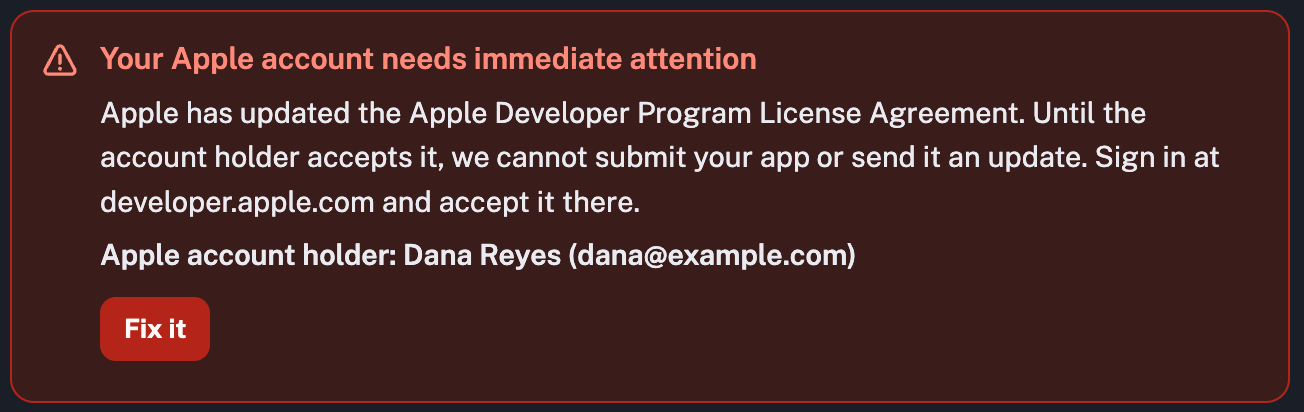 Red alert reading Your Apple account needs immediate attention, explaining that the account holder must accept Apple's updated developer agreement