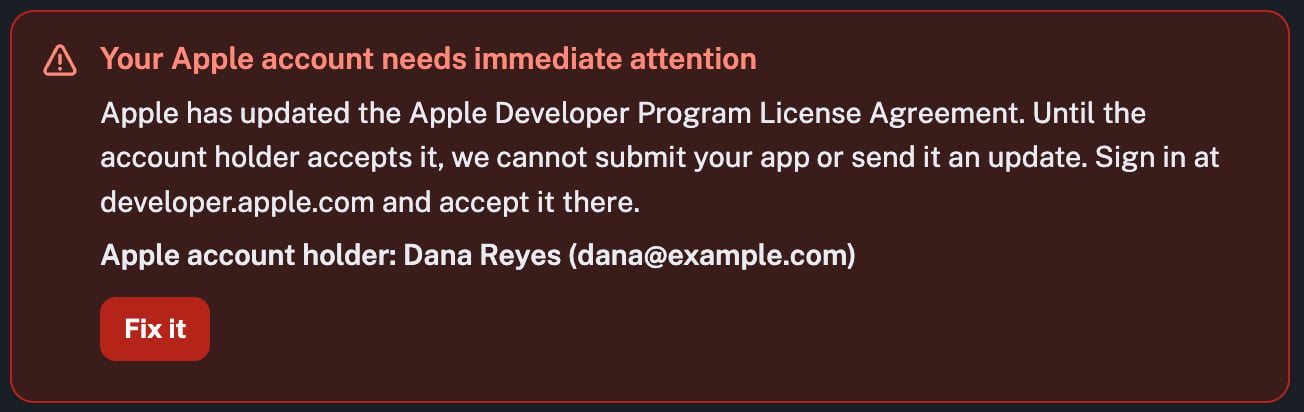 Red alert reading Your Apple account needs immediate attention, explaining that the account holder must accept Apple's updated developer agreement