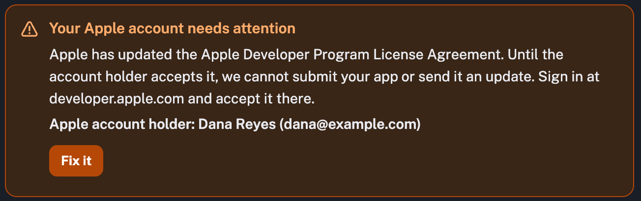 Orange alert reading Your Apple account needs attention, asking the account holder to accept Apple's updated developer agreement
