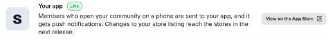 App summary at the top of the Branded Apps Overview with a Live status and a View on the App Store button