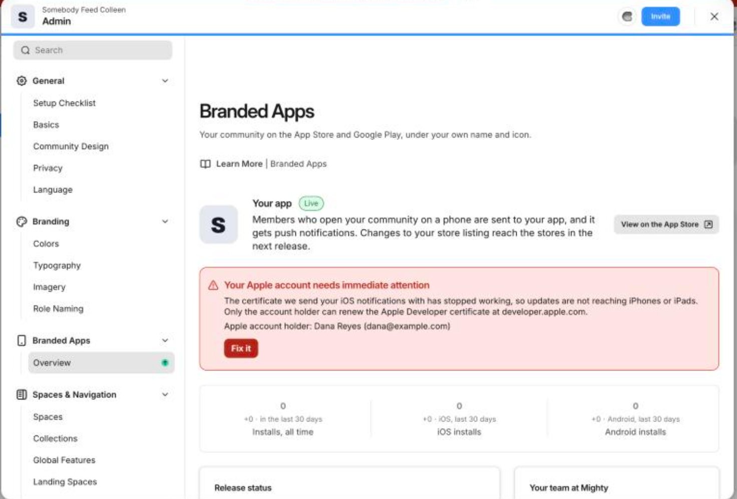 Branded Apps Overview page in Admin showing the app summary, an alert, and install numbers
