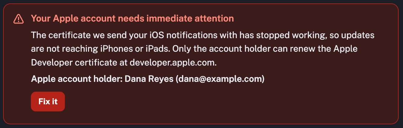 Red alert reading Your Apple account needs immediate attention, explaining that iOS notifications aren't reaching iPhones or iPads