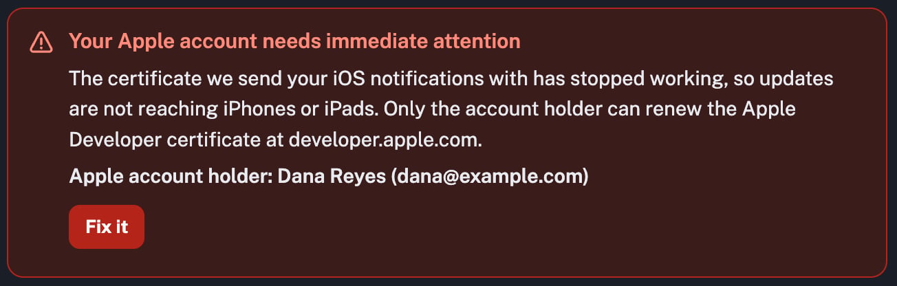 Red alert reading Your Apple account needs immediate attention, explaining that iOS notifications aren't reaching iPhones or iPads