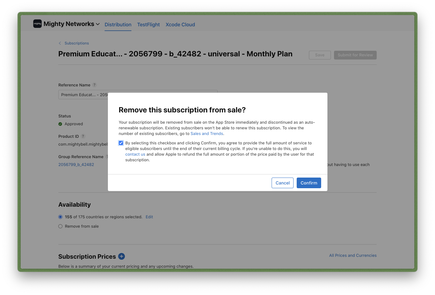 Confirmation modal for removing from sale