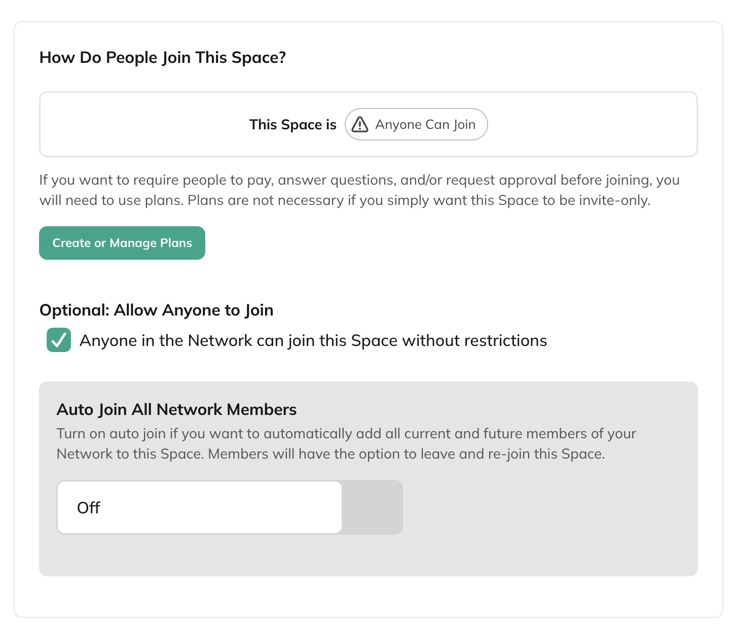 Space Privacy & Access settings for Anyone Can Join