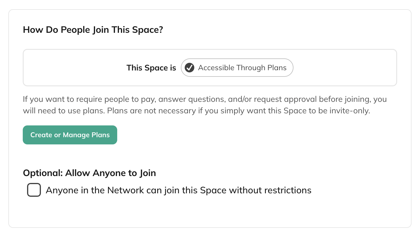 Space Privacy & Access settings for plan-based access