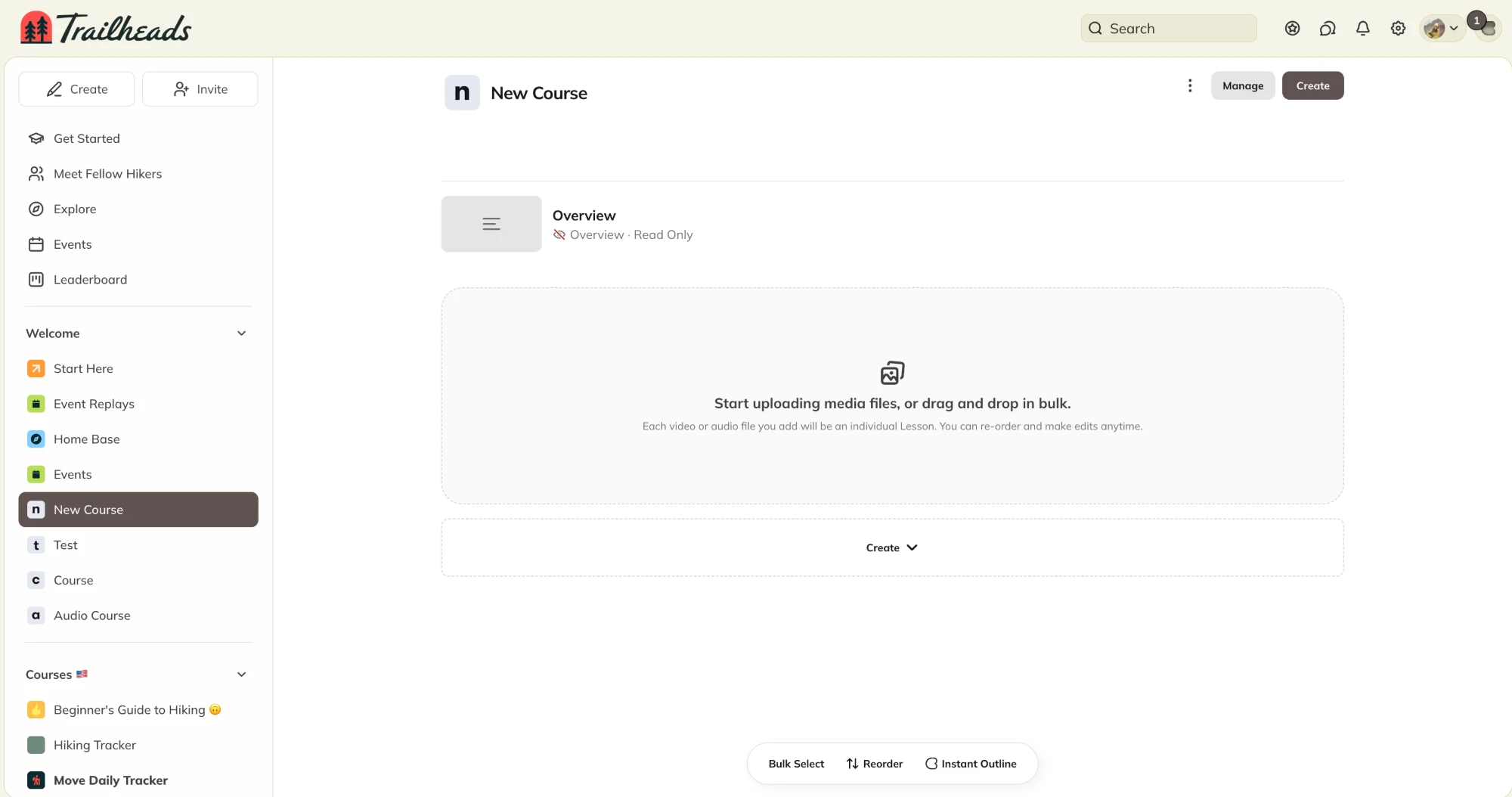 A Course with an upload area below the Overview that reads Start uploading media files, or drag and drop in bulk