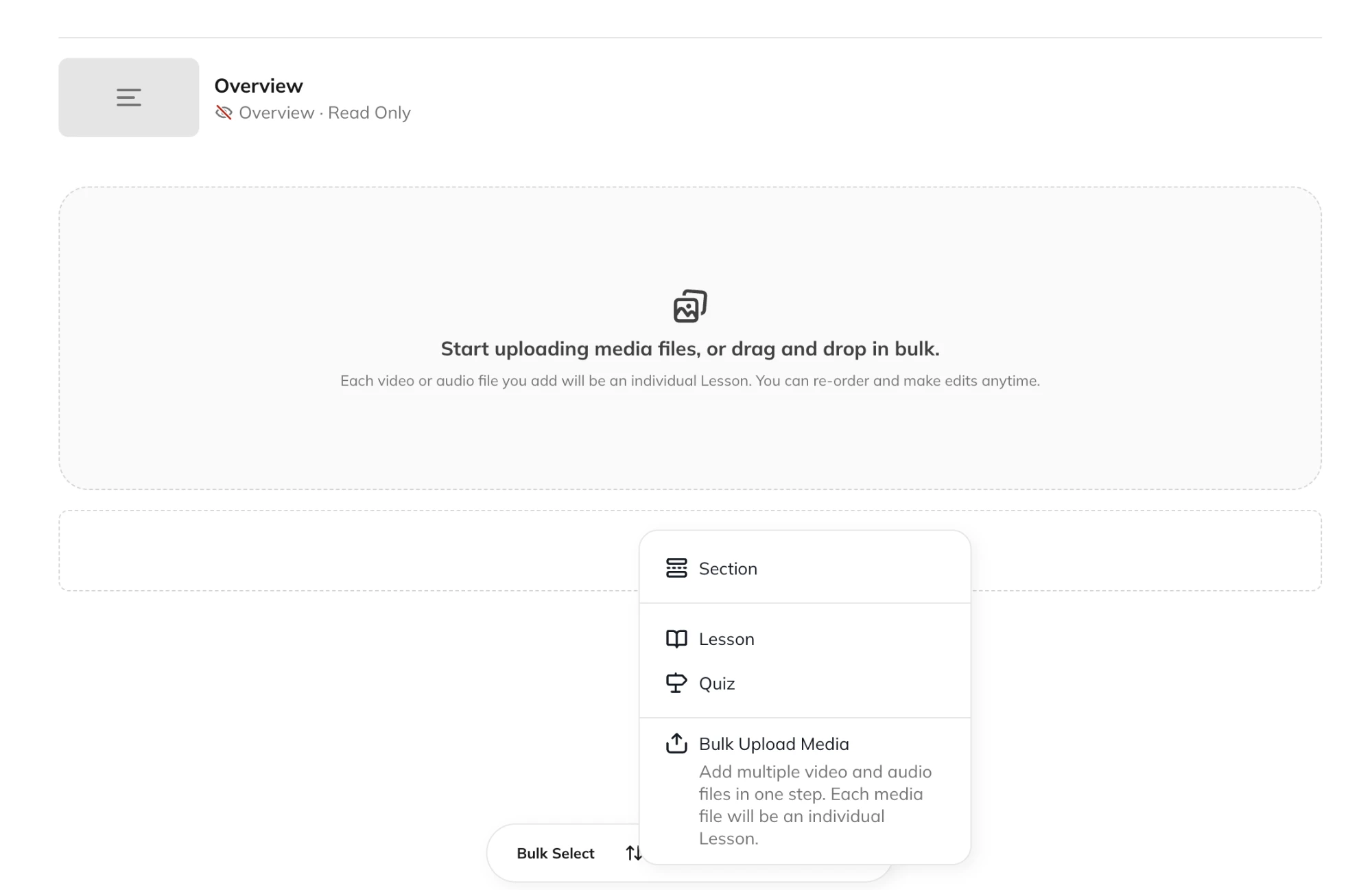 The Create menu in a Course showing Section, Lesson, Quiz, and Bulk Upload Media