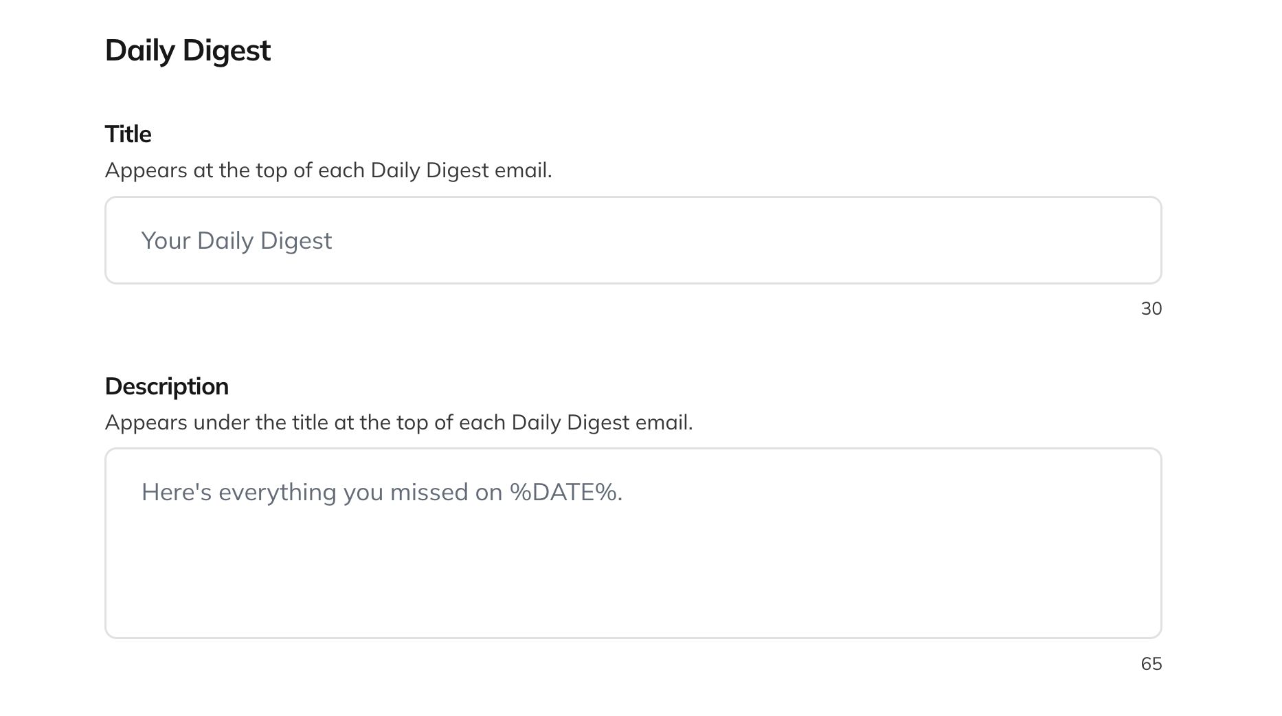 Daily Digest title and description fields on the Emails page