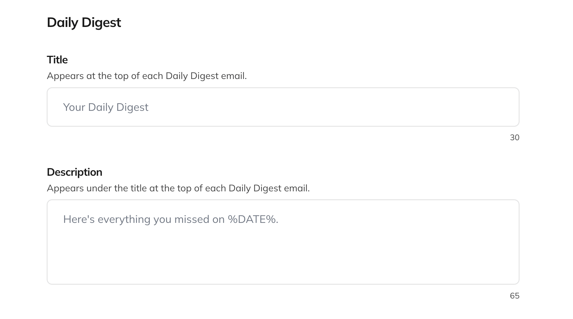 Daily Digest title and description fields on the Emails page