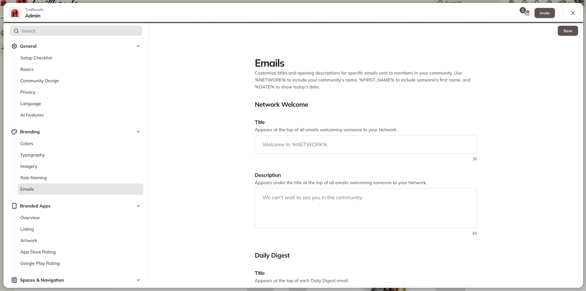 Emails page in Admin > Branding showing the Network Welcome title and description fields