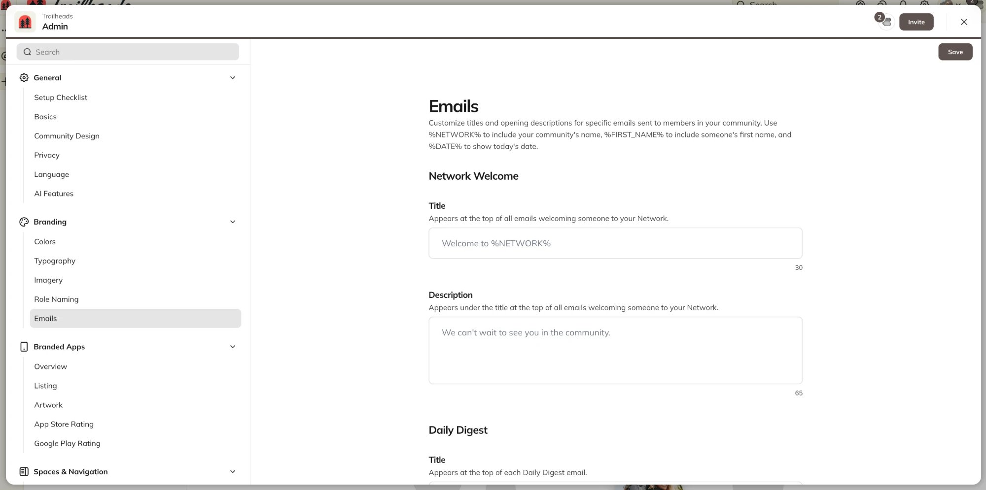 Emails page in Admin > Branding showing the Network Welcome title and description fields