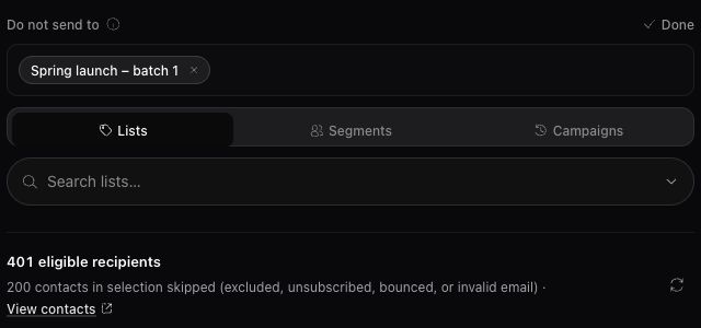 Campaign Recipients with Spring launch – batch 1 selected under Do not send to