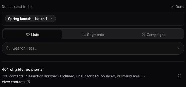 Campaign Recipients with Spring launch – batch 1 selected under Do not send to