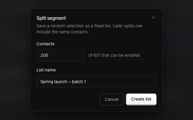 Split dialog with 200 contacts and the list name Spring launch – batch 1