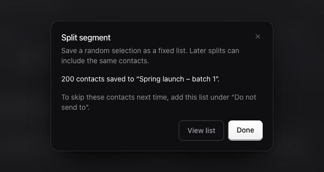 Completed split showing the saved contacts and View list button