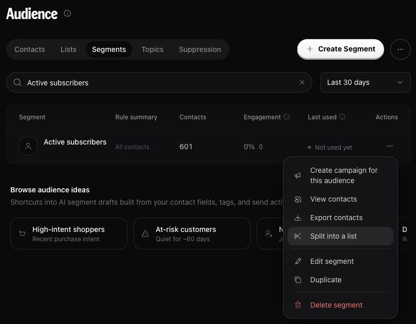 The segment menu with Split into a list