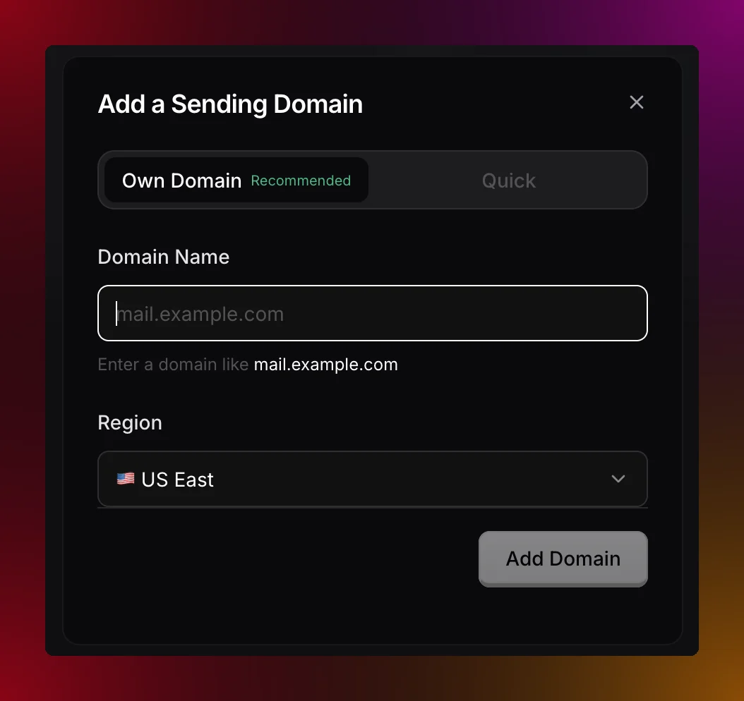 Migma Add Domain dialog with the Custom tab selected
