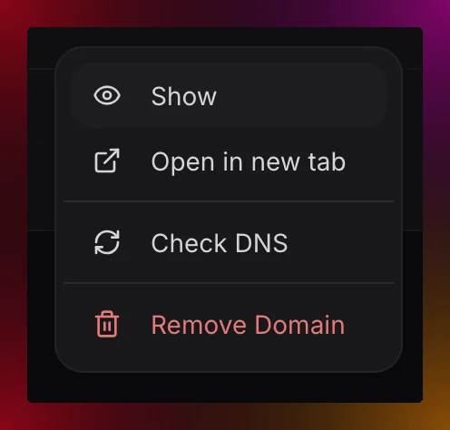 Migma sending domain action menu with Check DNS