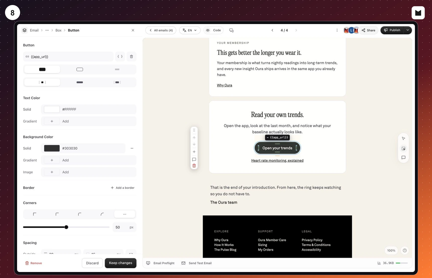 Illustration of selected email button with link, appearance, width, color, corners, and spacing controls
