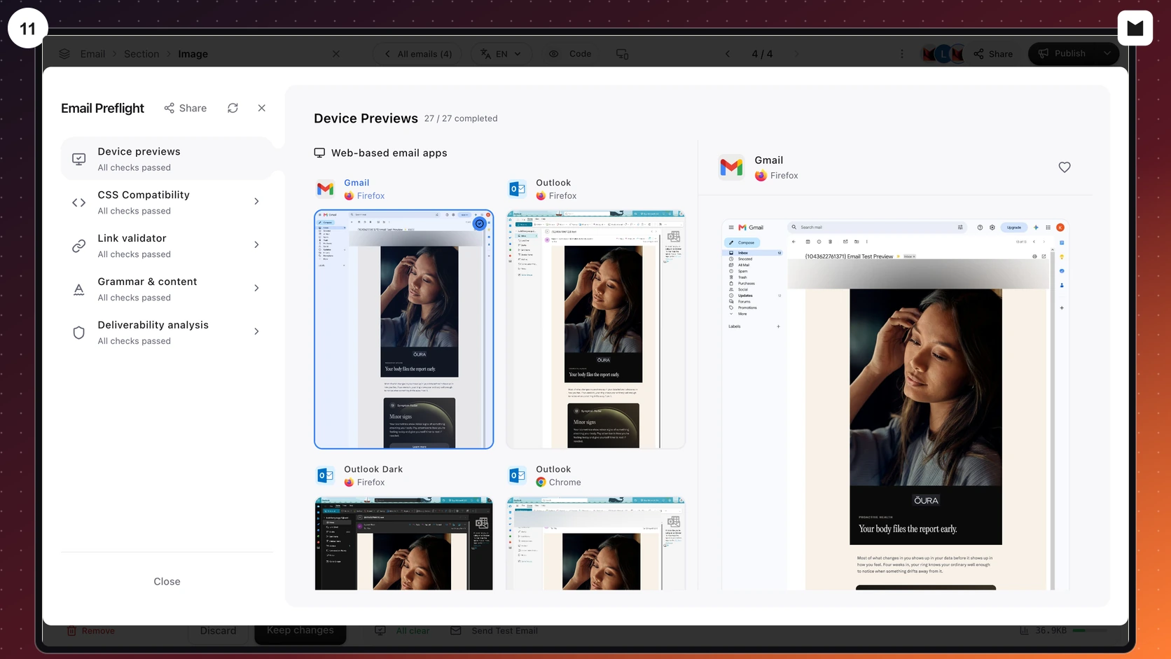 Illustration of Migma Email Preflight with device previews, CSS compatibility, link validator, grammar, deliverability, and inbox previews