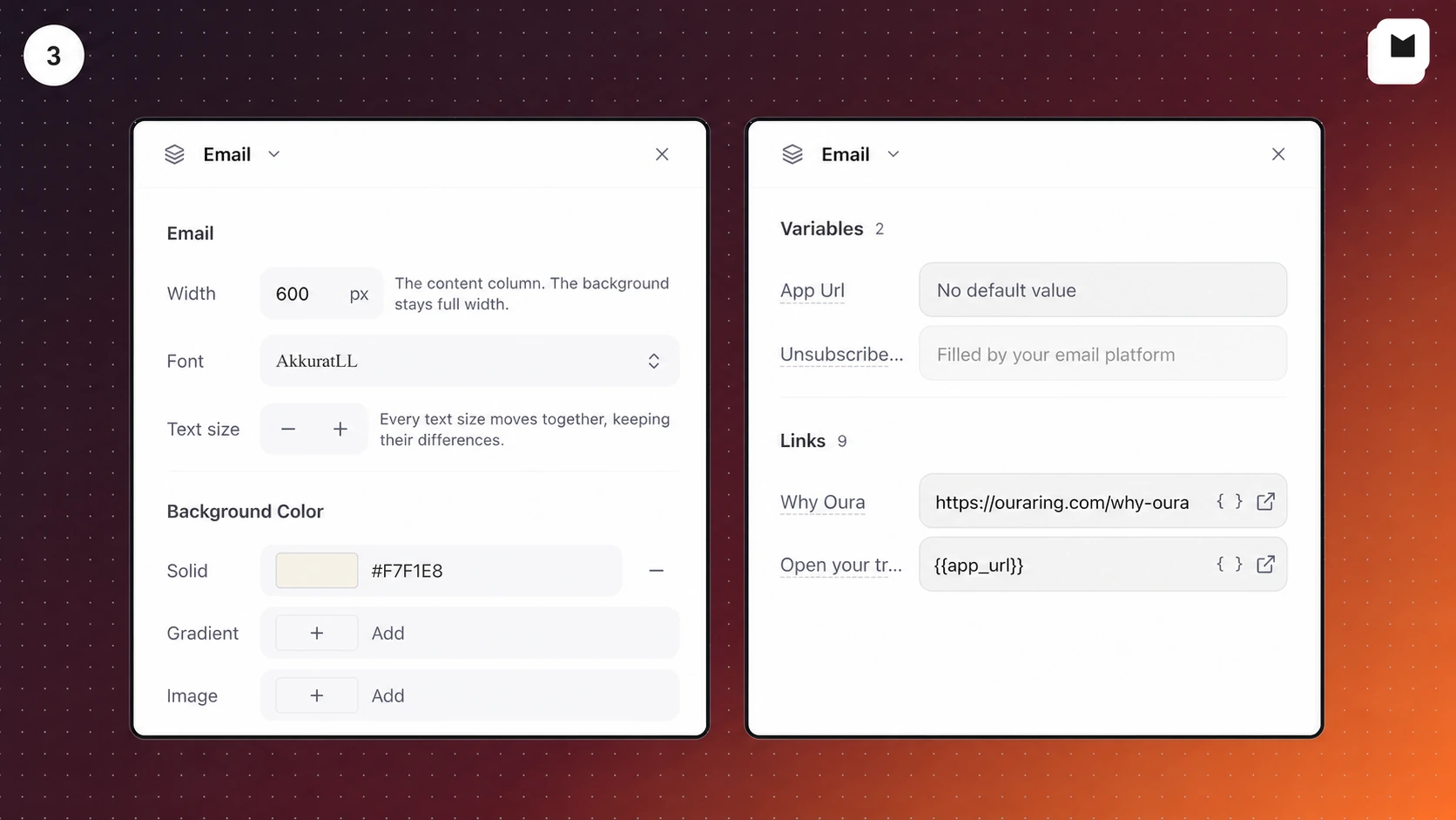 Illustration of Visual Editor email settings with width, font, background, variables, and links